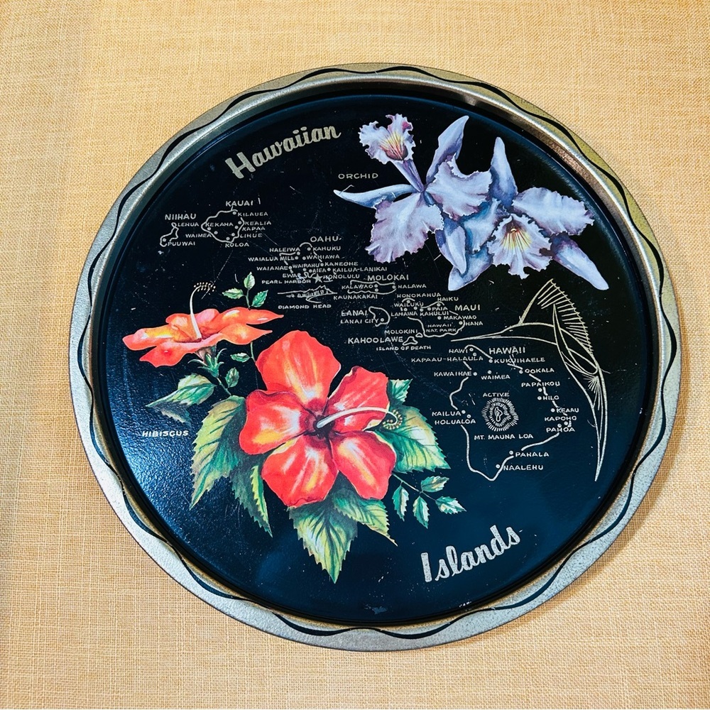 Vintage Souvenir Metal Dish Tray Hawaii black gold flowers